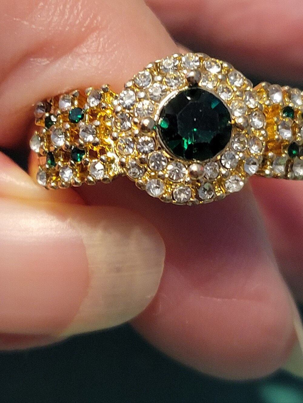 Gold-Tone Ring with Emerald Green Center and Clear Crystal Halo
